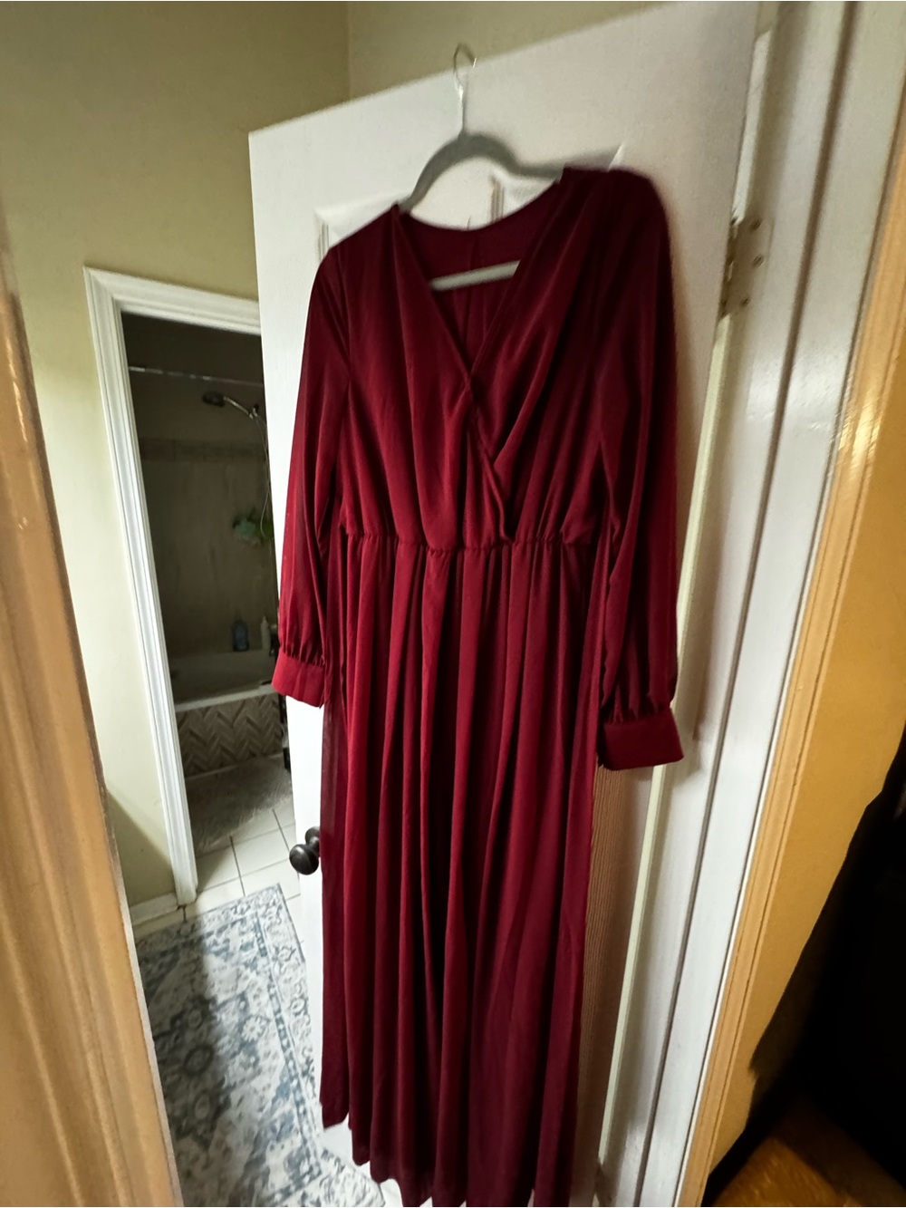 Women's Burgundy Long Sleeve Faux Wrap Maxi Dress